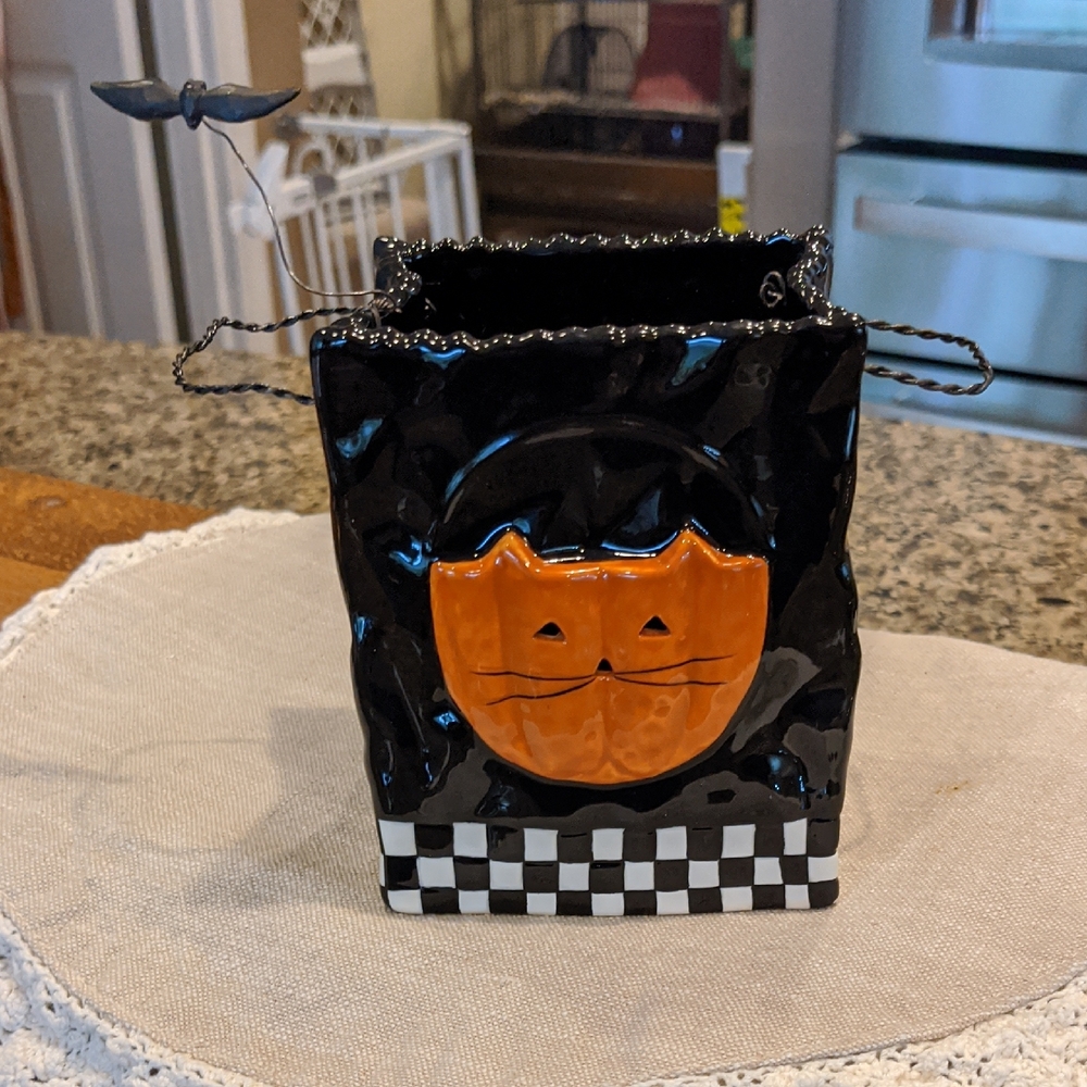 Artisan Halloween Treat Bag Cat Checkered Base Pottery Black White